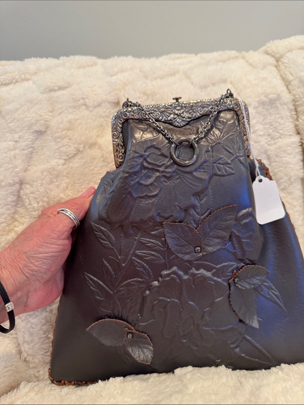 Valentino Garavani Embossed Floral Leather Frame Clutch in Dark Brown